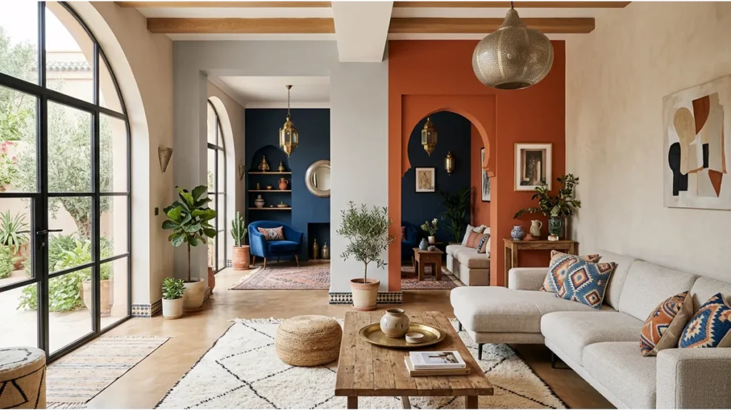 Papier peint pour salon au Maroc avec couleurs claires et foncées pour décoration moderne