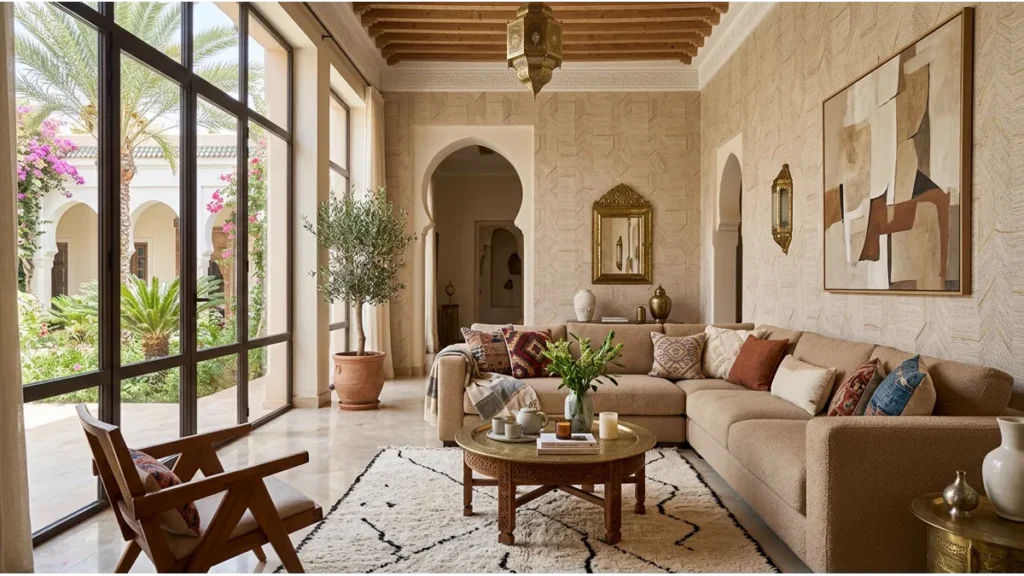 Papier peint pour salon au Maroc dans un salon moderne lumineux avec décoration élégante