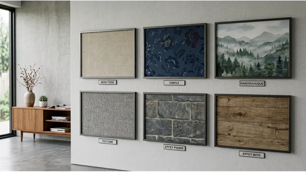 Différents modèles de papier peint pour salon au Maroc avec textures et styles variés