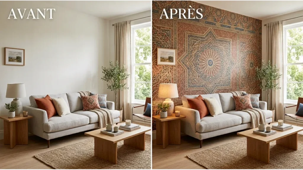 Papier peint pour salon au Maroc montrant l’influence des couleurs et motifs sur l’ambiance