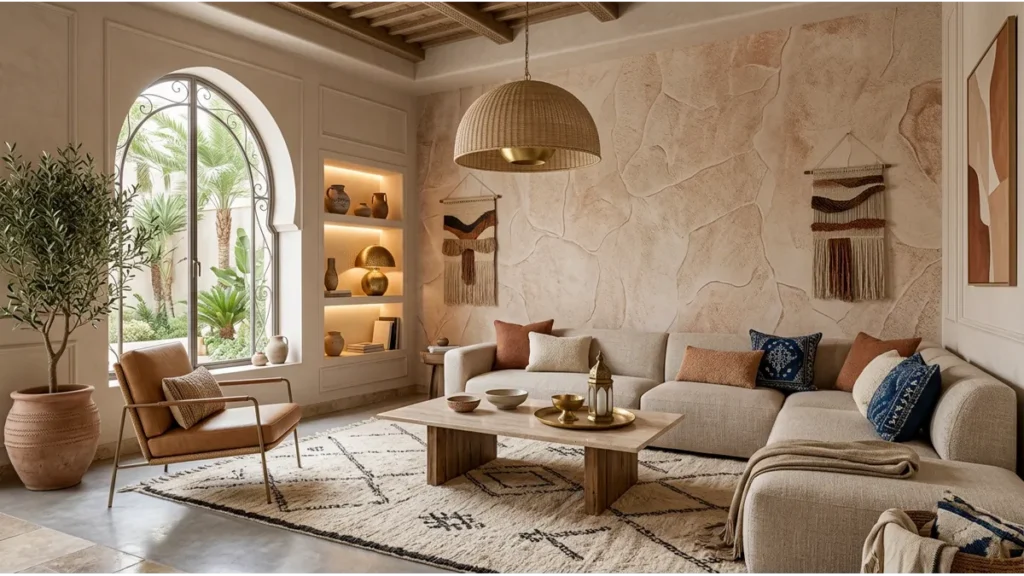 Papier peint pour salon au Maroc avec tendances modernes et textures naturelles en 2026
